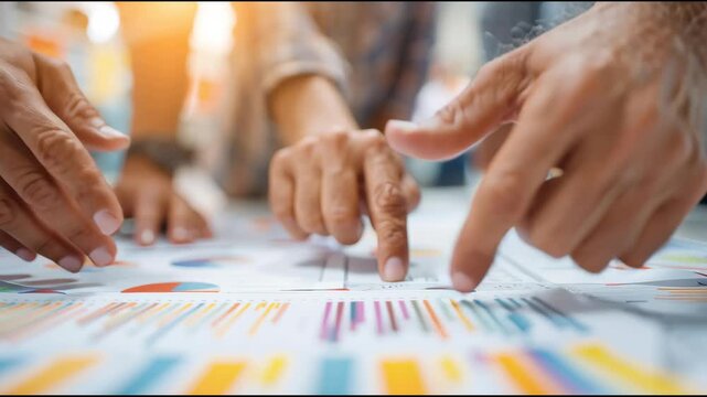 Team members analyze graphs and data collaboratively on a large surface in a well-lit space. Engagement and teamwork are evident as they point to specific sections.