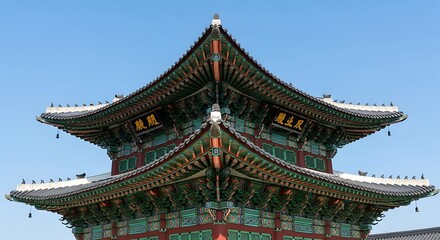 Fototapeta premium Intricate dancheong patterns and colorful artistry on the multi-tiered roof of Gyeongbokgung Palace, a historic landmark in Seoul, South Korea, under a clear blue sky.