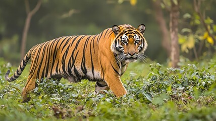 Obraz premium Tiger cautiously walking through lush forest