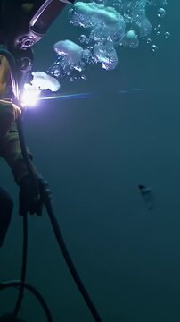 Vertical screen, commercial diver performing underwater welding in a deep sea environment, creating a shower of sparks and bubbles