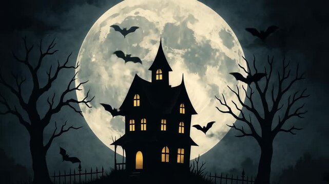 Eerie full moon backdrop with silhouetted haunted house and bats. Low-angle shot creates a spooky video atmosphere perfect for Halloween themes. Live desktop wallpaper.