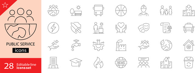 Public Service icons set. Includes icons for emergency, health, safety, transport, sanitation, water supply, waste management, and social welfare. Perfect for civic and community content. 