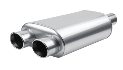 A sleek, metallic exhaust muffler with dual outlet pipes designed for automotive applications.