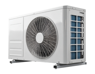 A modern air conditioning unit designed for efficient cooling and ventilation, featuring a prominent fan and filter system.