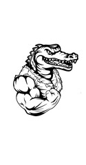 Strong and fierce crocodile mascot with muscular arms in a bold black and white style. Ideal for sports teams, gym logos, and powerful branding
