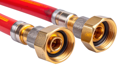 Close-up of red rubber hoses with metal fittings, commonly used in plumbing or gas connections, showcasing their sturdy design and functionality.