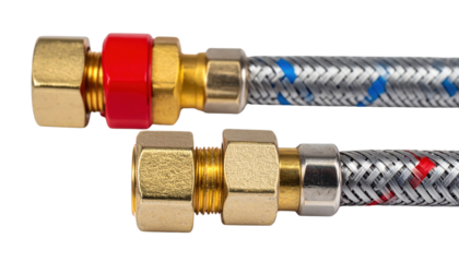 A close-up view of metallic hose fittings with braided coverings designed for fluid connections.