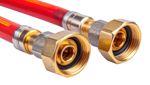 Close-up of red rubber hoses with metal fittings, commonly used in plumbing or gas connections, showcasing their sturdy design and functionality.