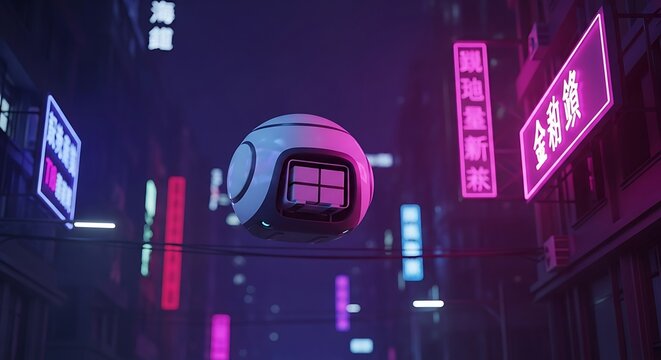 A futuristic spherical drone floats amidst the vibrant neon glow of a cyberpunk Asian city at night. Dynamic lighting and urban atmosphere create a captivating sci-fi scene. - Powered by Adobe