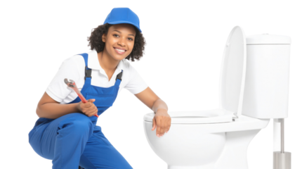 A cheerful plumber in blue overalls poses next to a white toilet, holding a wrench and ready to assist with plumbing tasks.