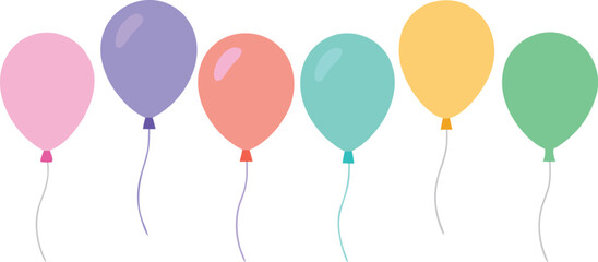 Six Colorful Balloons with Ribbons Pink, Purple, Peach, Aqua, Yellow, and Green