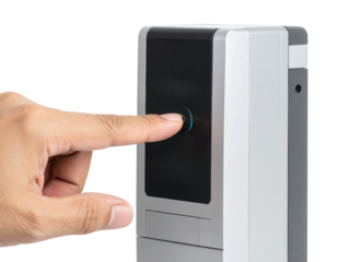 A finger is poised to touch a biometric scanner, designed for user identification and access control.