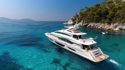 A luxury yacht sailing on crystal clear turquoise water near a rocky coastline on a sunny day