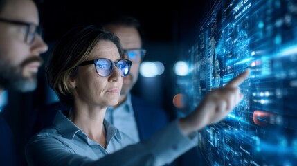 A focused woman interacts with a digital interface, analyzing data with two colleagues in a high-tech environment.