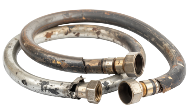Worn and rusty metal hoses with threaded ends, showcasing signs of use and age.