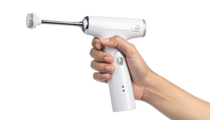 A handheld device with a nozzle, designed for precise applications, being held in a hand against a black background.