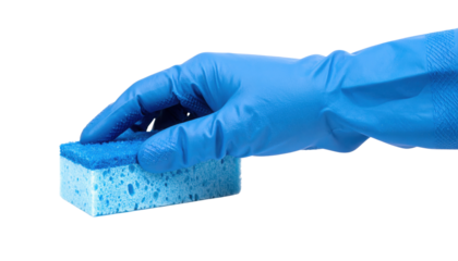 A blue-gloved hand holds a cleaning sponge, showcasing its textured surface and vibrant color.