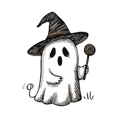 Charming Halloween Ghost with Witch Hat and Lollipop.