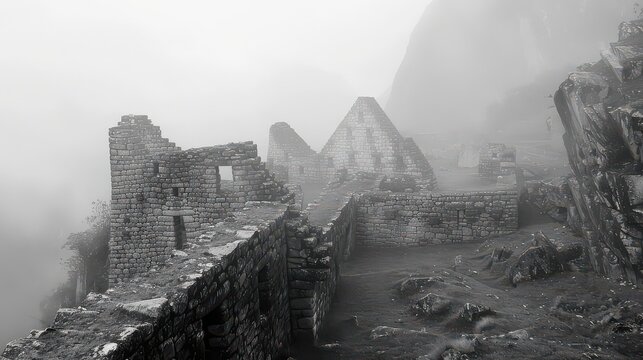 Stone ruins shrouded in mist and fog atop a mountain in a black and white landscape view scene