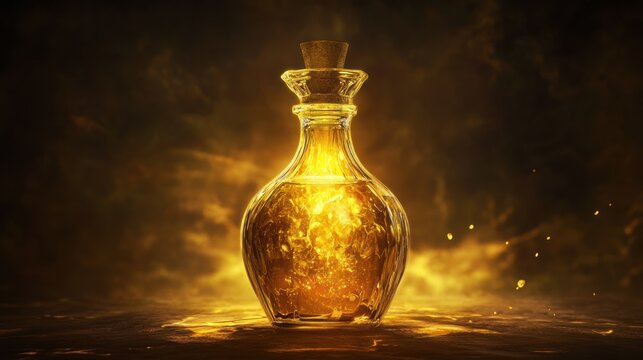 Golden elixir bottle, magical light, mystical background,  fantasy scene