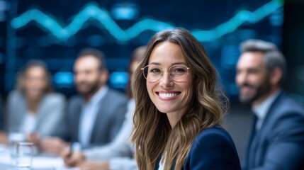Obraz premium A confident businesswoman smiles at the camera, surrounded by colleagues in a modern meeting room, with digital graphs displayed in the background.