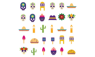 Mexican Icons Clipart Sombrero, Cactus, Guitar, Tequila, Chili Pepper & Fiesta Elements


