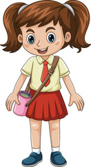 Cartoon school girl in uniform, cute student character, educational illustration, kid with bag, back to school concept, vector art