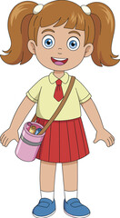 Cartoon school girl in uniform, cute student character, educational illustration, kid with bag, back to school concept, vector art