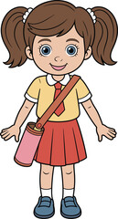 Cartoon school girl in uniform, cute student character, educational illustration, kid with bag, back to school concept, vector art