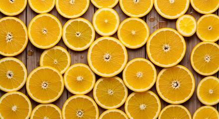 Freshly sliced oranges arranged on a wooden surface, vibrant and juicy