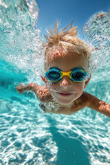 Naklejka premium Portrait of little boy swimming underwater in the pool. Sunny summer day