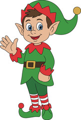 Cute Christmas elf cartoon illustration, smiling holiday character in winter forest, festive kids artwork, Christmas greeting card, holiday season joy