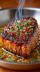 Juicy Searing Steak in Stainless Steel Pan, Gourmet Cooking Essentials