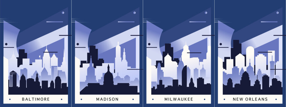 USA cities poster pack with skylines, landmarks of Baltimore, Madison, Milwaukee, New Orleans. Vector illustration set. US travel handbooks, brochures, flyers set
