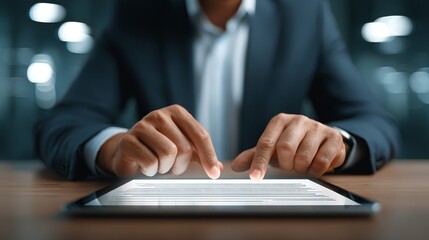 Businessman in suit working on digital tablet, modern office productivity and technology integration.
