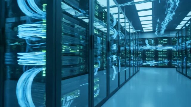 A server room with rows of computer racks and blue fiber optic cables.