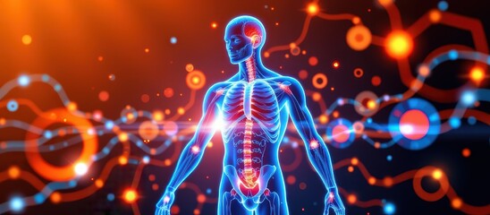 Futuristic human anatomy illustration with glowing circuits and neural connections.