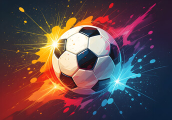 Naklejka premium Vibrant exploding soccer ball with colorful paint splashes and dynamic light effects on a dark background