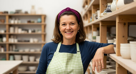 Smiling female potter in her workshop surrounded by handmade ceramics happy artisan woman small business owner craft pottery studio