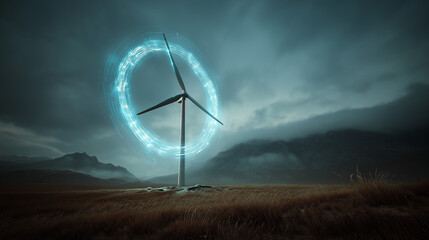 futuristic windmill turbine spinning in open landscape, glowing air current graphics illustrating wind energy conversion, green power production symbolizing sustainable future technologies  
