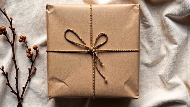 Beautifully Wrapped Brown Gift Box with Twine Surrounded by Linen Fabric and Decorative Branch for a Thoughtful Presentation