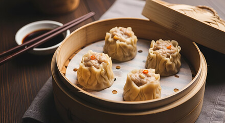 Steamed shumai dumplings in a bamboo steamer basket with soy sauce