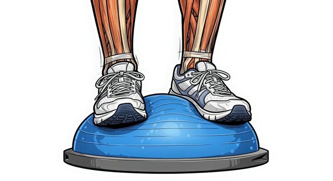 Illustration of legs balancing on Bosu ball, concept of physiotherapy, balance training and rehabilitation.