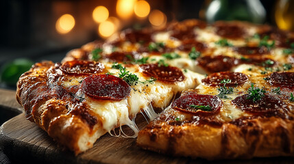 A delicious pepperoni pizza with melted cheese on a wooden board, styled for warm food photography.