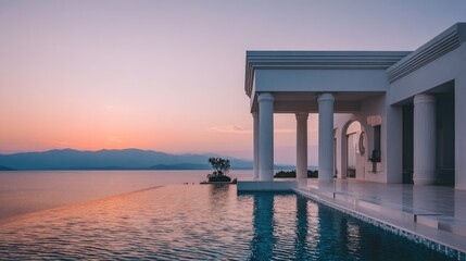 Elegant beachfront villa with infinity pool at sunset.