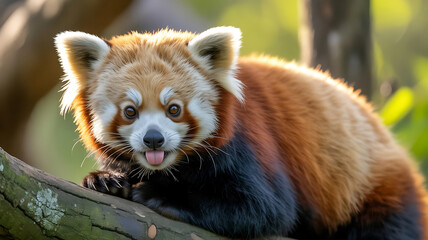 A Charming Red Panda Poses Cutely Sticking its Tongue out While Perched upon a Mossy Branch on a Sunny Day