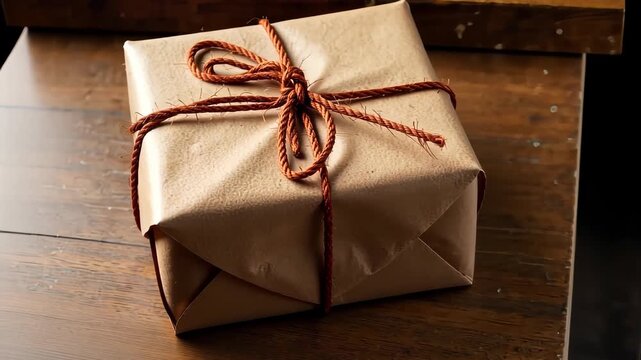 A Small, Elegantly Wrapped Brown Paper Package Tied with Twine on a Wooden Surface Evokes Anticipation and Curiosity for its Contents