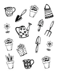 hand drawn style gardening vector art icon set collection