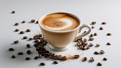 Obraz premium Minimal Cappuccino and Coffee Beans Flat Lay on White