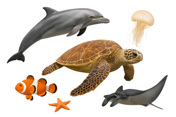Fototapeta premium Realistic Collection of Sea Animals on White Background – Dolphin, Sea Turtle, Clownfish, Starfish, Jellyfish, and Manta Ray